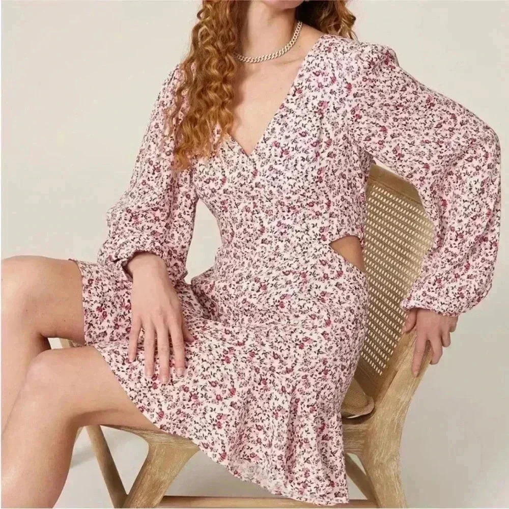 AFRM Monna Mini Floral Casual Dress Side Cut Outs Pink Sold on Revolve Sz S
